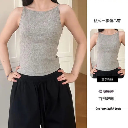 2026新款，春夏，運動背心，顯瘦，一字領，吊帶休閑，簡約修身，短款打底，上衣女